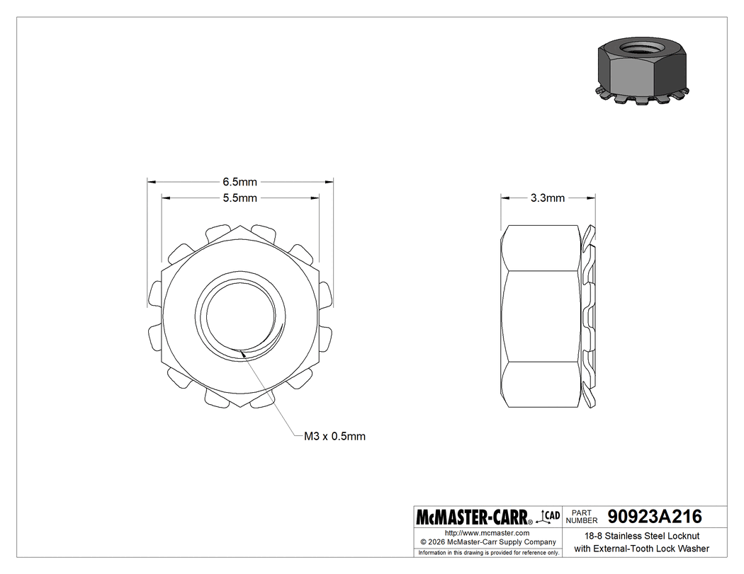Technical Drawing of 18-8 Stainless Steel Locknut with External-Tooth Lock Washer, M3 x 0.5 mm Thread Size.